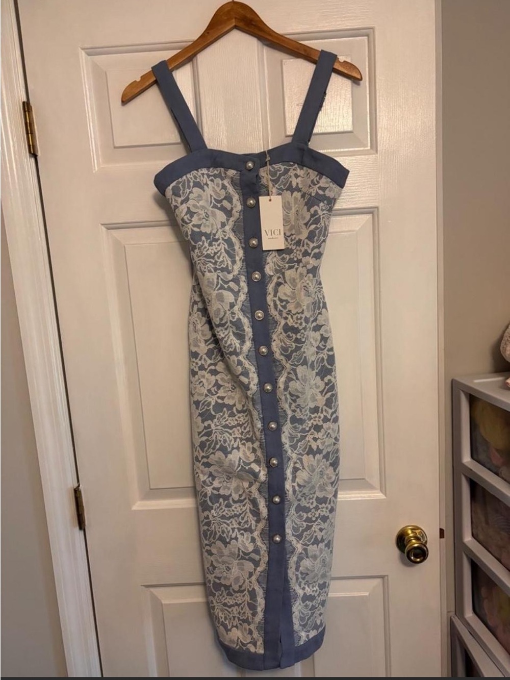 VICI Powder Blue Midi Dress with White Lace Overlay